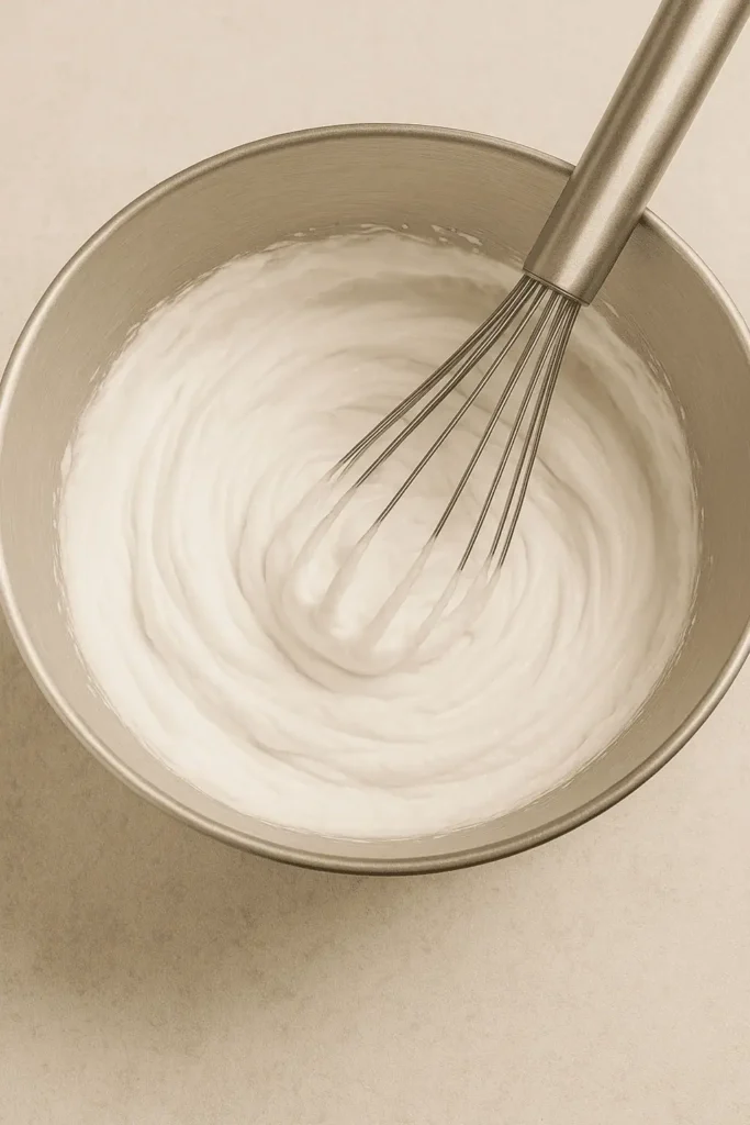 Whip the cream: In a chilled bowl, whip the heavy cream, powdered sugar, and vanilla until soft peaks form.