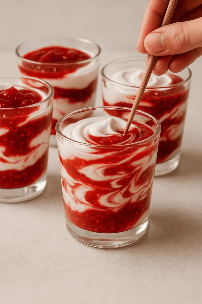 Layer it up: In 4 small glasses, dollop in whipped cream and drizzle raspberry sauce in layers. Gently swirl with a skewer or spoon handle for a marbled look.