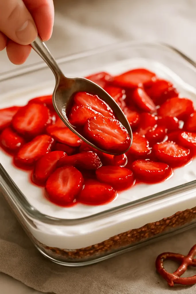 Assemble: Spread the cream layer over the chilled crust. Spoon strawberries on top.