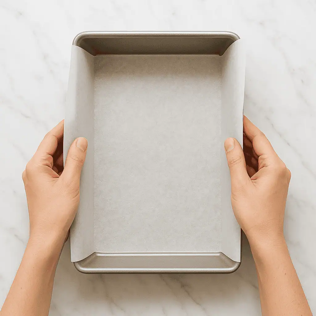 Prep your pan: Line an 8x8 inch pan with parchment, leaving overhang on the sides.