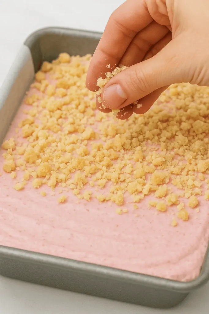 Add the crumble: Press crumble firmly over the frozen top layer. Freeze 30 minutes more to set.