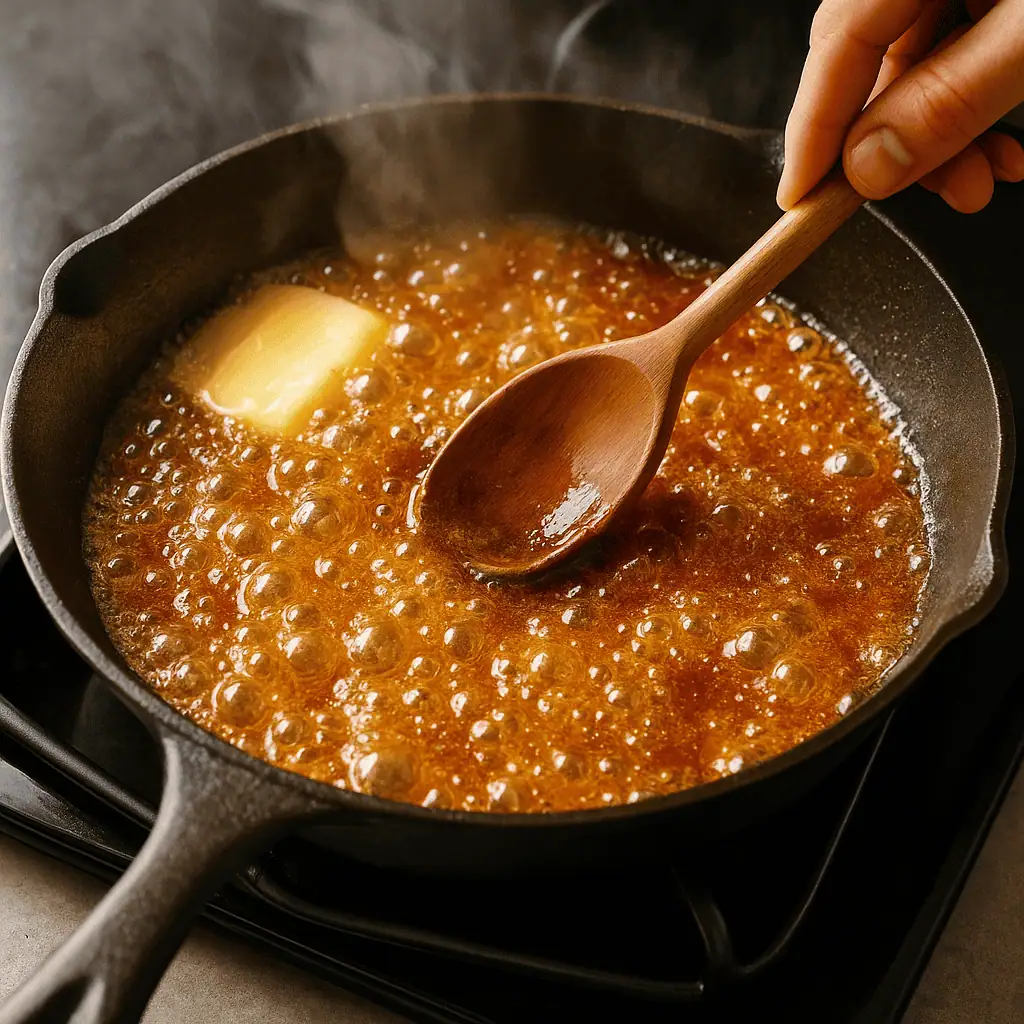 Caramelize the sugar: In a 10-inch ovenproof skillet over medium heat, melt butter and sugar until golden and bubbly. Stir in vanilla and a pinch of salt.
