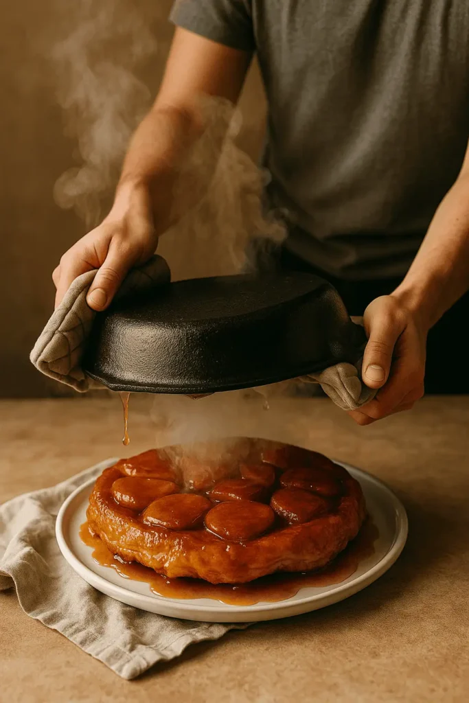Cool slightly, then place a plate over the skillet and carefully invert.