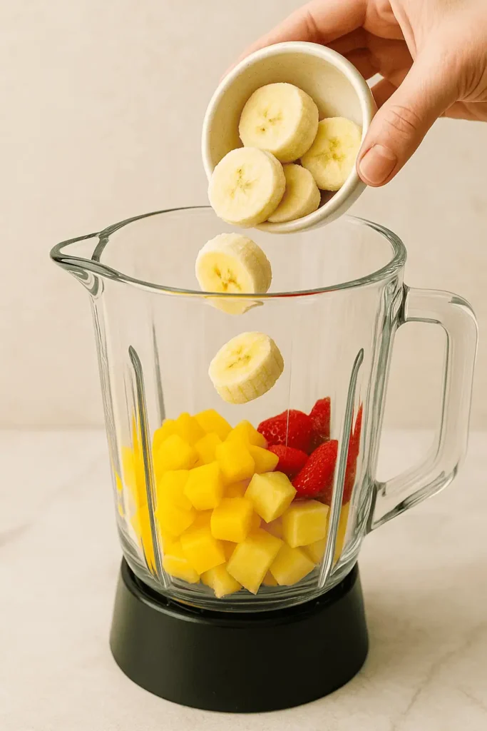 Blend the base: In a high-speed blender, combine frozen mango, pineapple, banana, and coconut milk. Blend until smooth and thick β think soft-serve consistency.