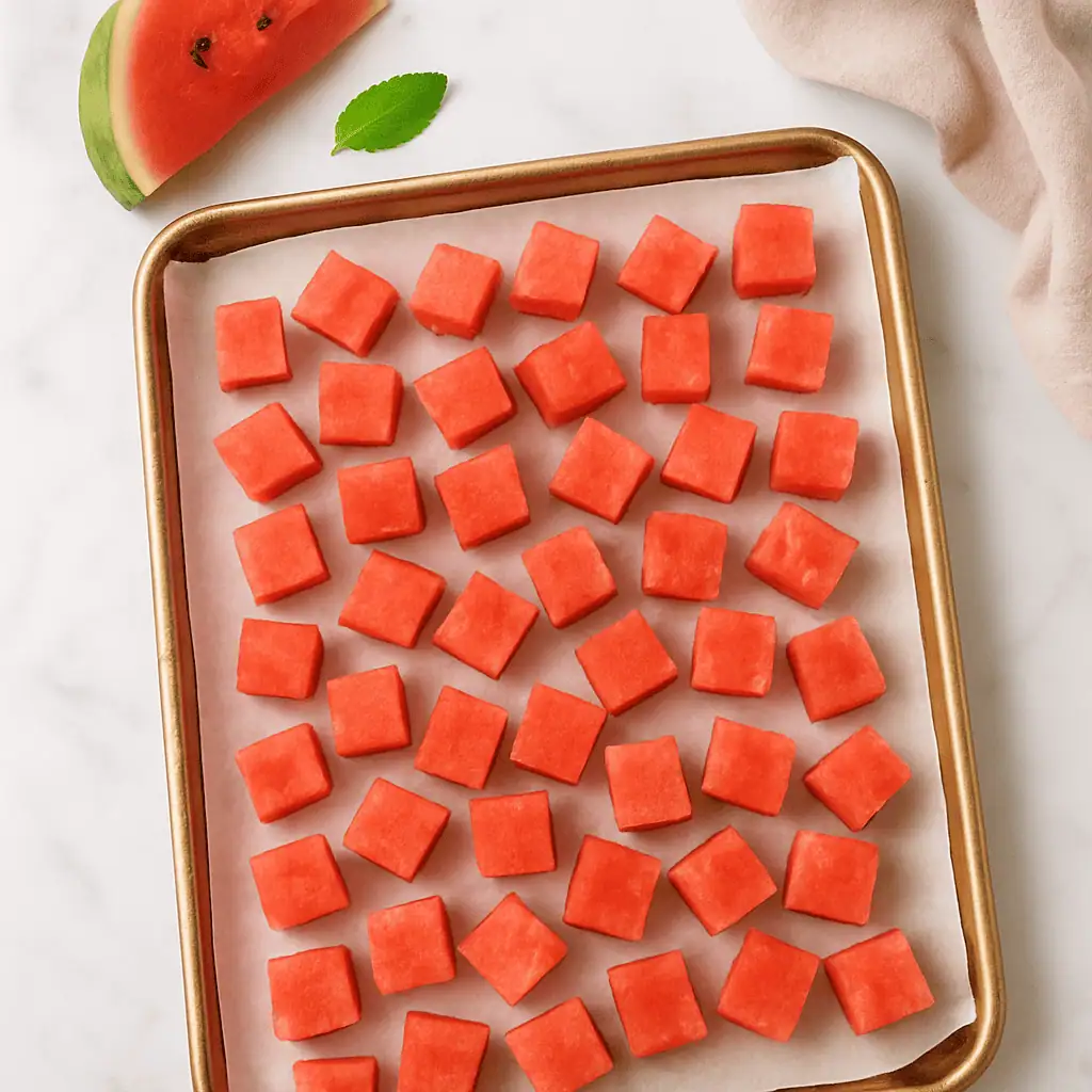 Cut and cube watermelon. Remove any seeds if needed and place cubes in a single layer on a parchment-lined baking sheet. Freeze for 2–4 hours.