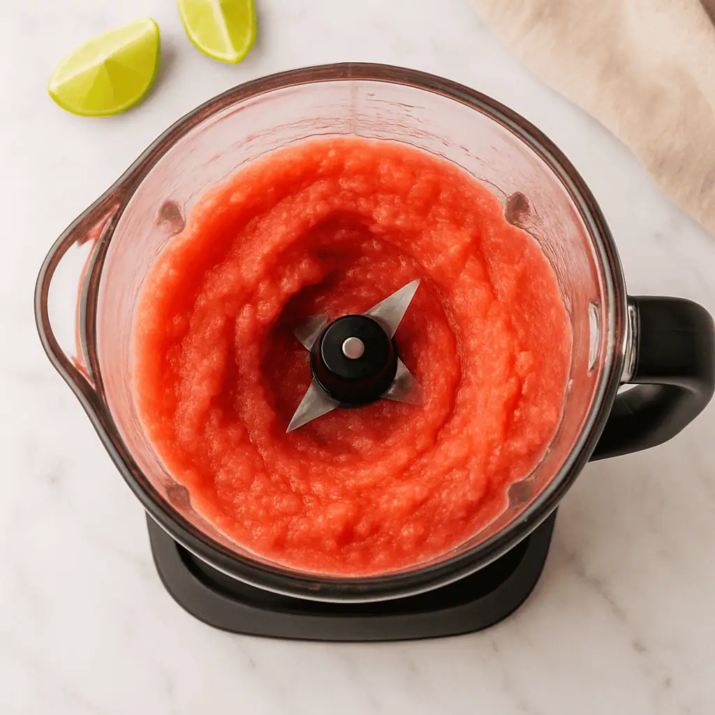 Blend frozen watermelon cubes with lime juice, salt, and any optional add-ins in a high-speed blender or food processor until smooth.