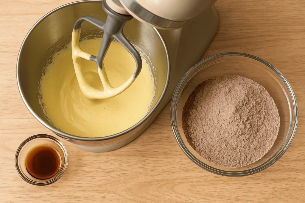 Make sponge: Beat egg yolks with both sugars until pale and thick (about 3 minutes). Add vanilla. In a separate bowl, sift together flour, cocoa, baking powder, and salt.