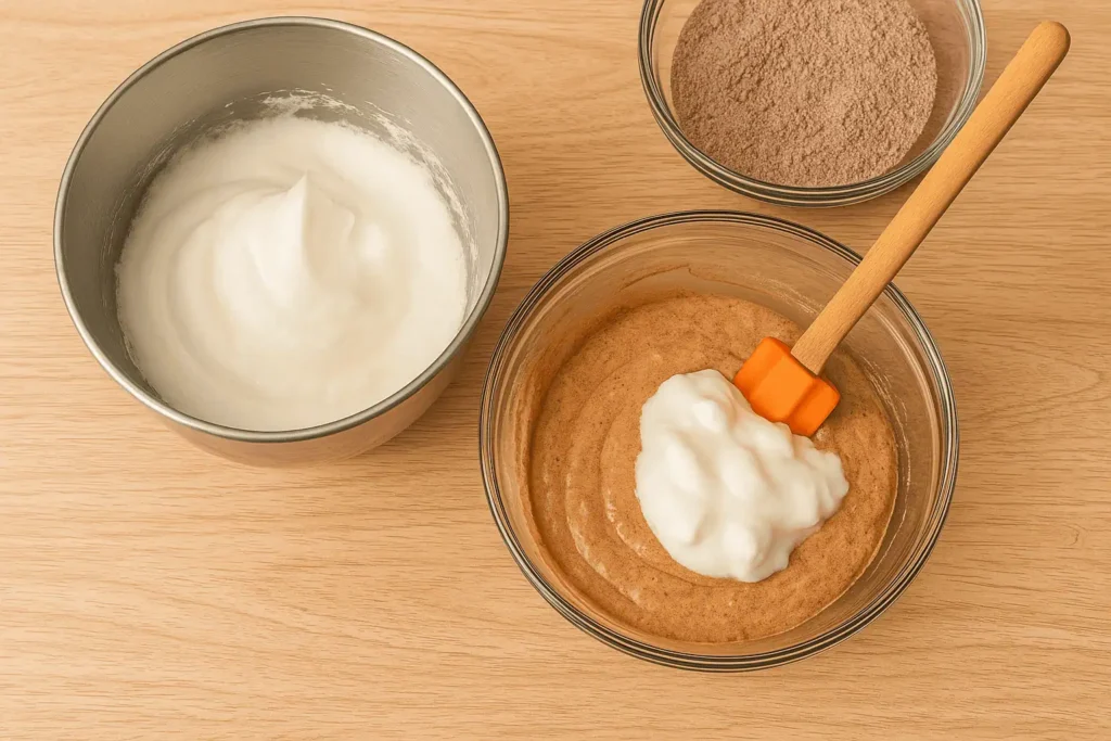 In another bowl, beat egg whites to stiff peaks. Gently fold flour mixture into yolk mixture, then fold in egg whites in 3 additions.