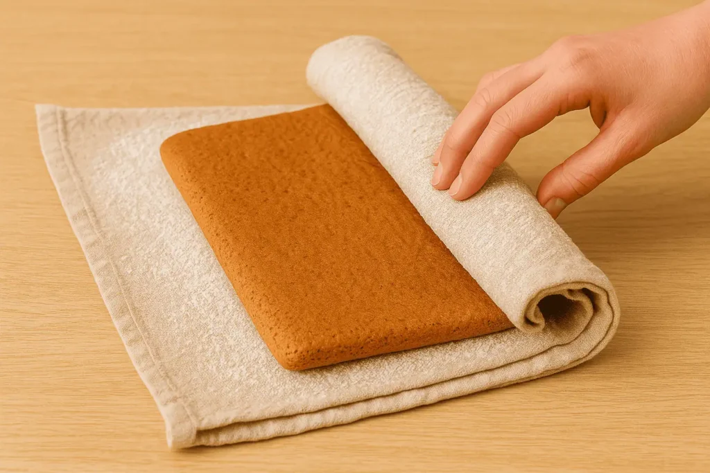 Roll: While warm, invert onto a tea towel dusted with powdered sugar. Peel off parchment and roll cake with towel inside. Let cool completely.