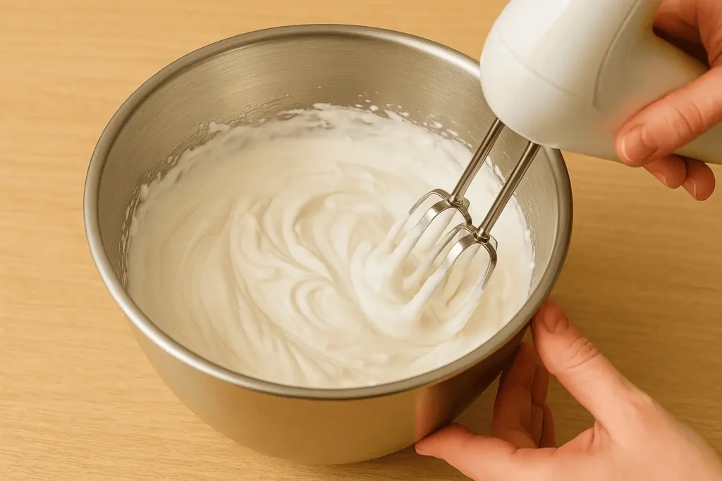 6. Make filling: Beat cream, sugar, and vanilla until soft peaks form.
