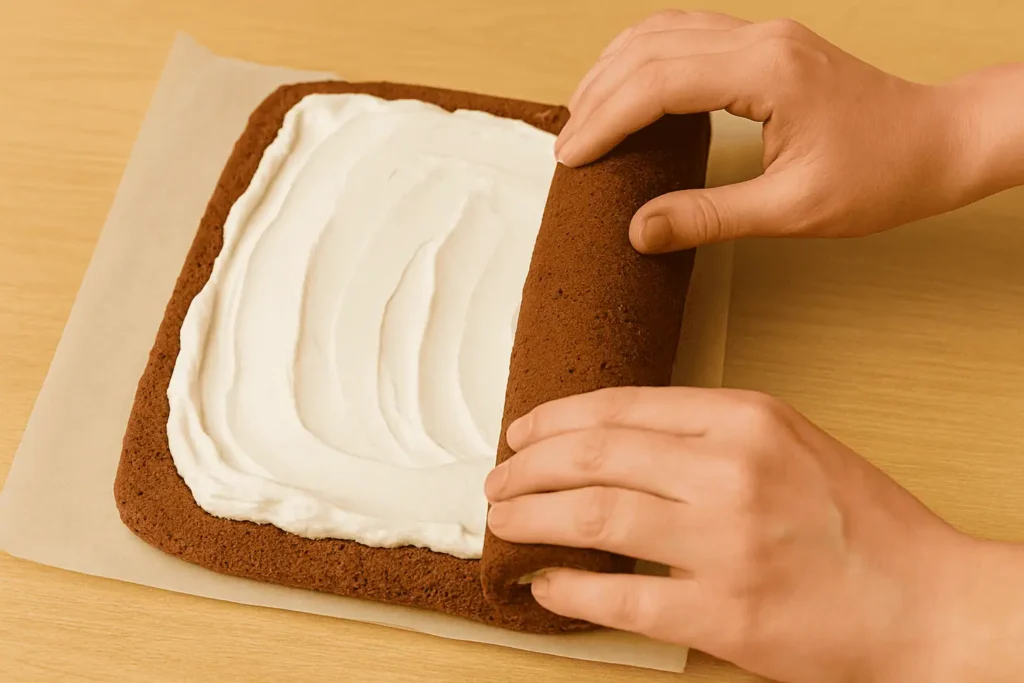 Unroll, fill, re-roll: Gently unroll cooled cake, spread filling, and re-roll without towel. Chill 30 minutes.