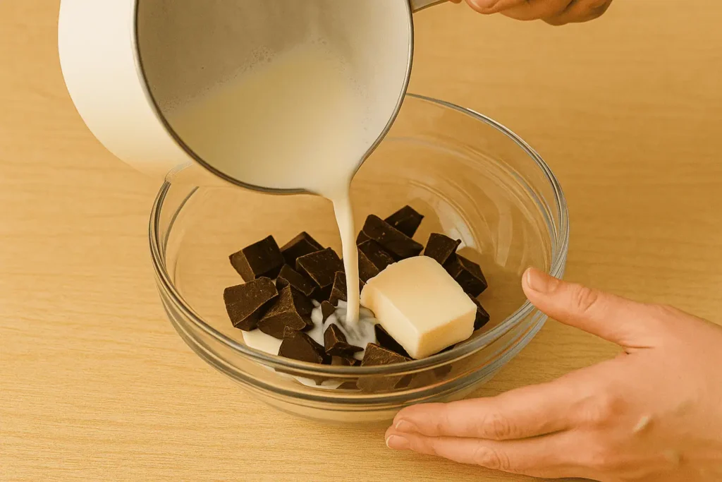 Make ganache: Heat cream until steaming, pour over chocolate and butter. Let sit 2 min, then stir smooth.