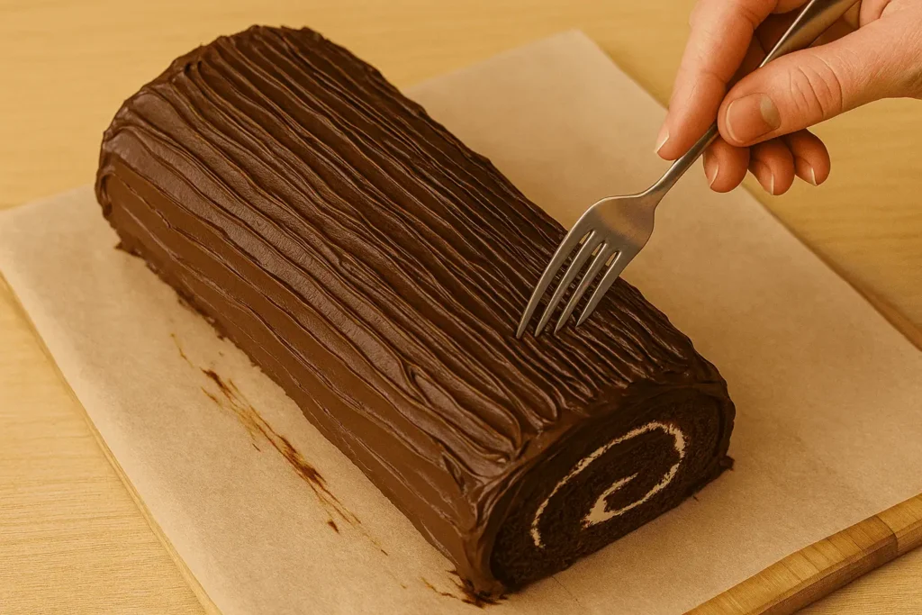 9. Decorate: Spread ganache over cake, drag fork through to make bark texture. Chill to set.
