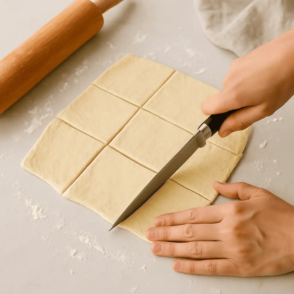 Unroll crescent or biscuit dough and cut into 16 squares.