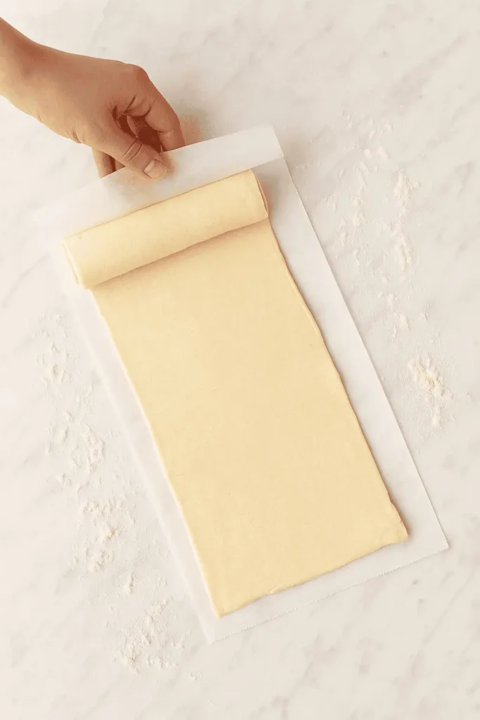 On a lightly floured surface, roll out puff pastry just enough to smooth the folds.
