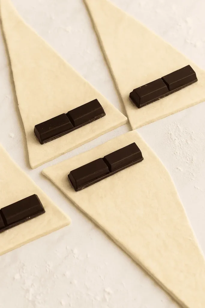 Place 1-2 tsp of chocolate near the wide end of each triangle.