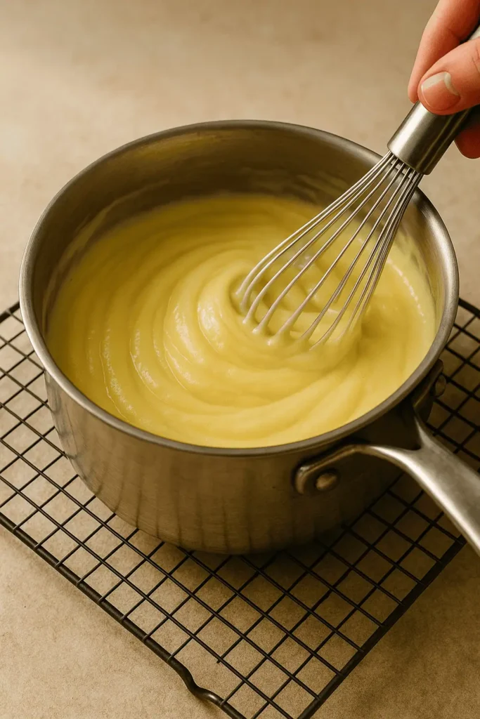 Heat milk in a saucepan until steaming. In a bowl, whisk sugar, yolks, and cornstarch until smooth. Slowly whisk in hot milk, return to pan, and cook over medium heat, whisking constantly, until thickened (about 2 minutes). Off heat, stir in vanilla and butter. Cool, then refrigerate.