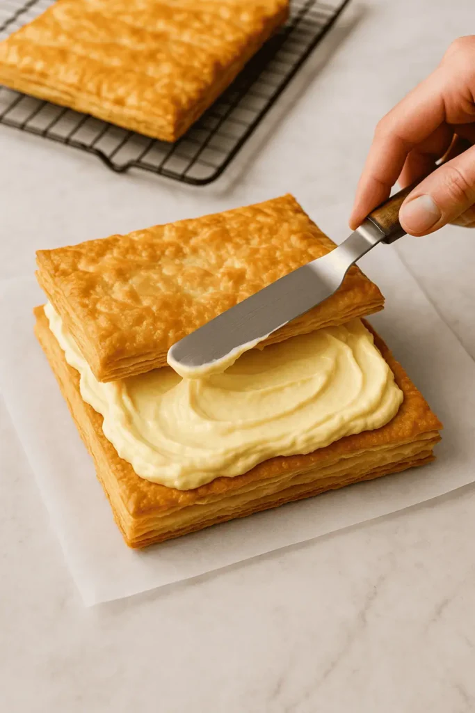 Trim pastry sheets to even rectangles. Place one on a serving plate, spread half the pastry cream, top with another sheet, repeat with cream, then top with final pastry sheet.