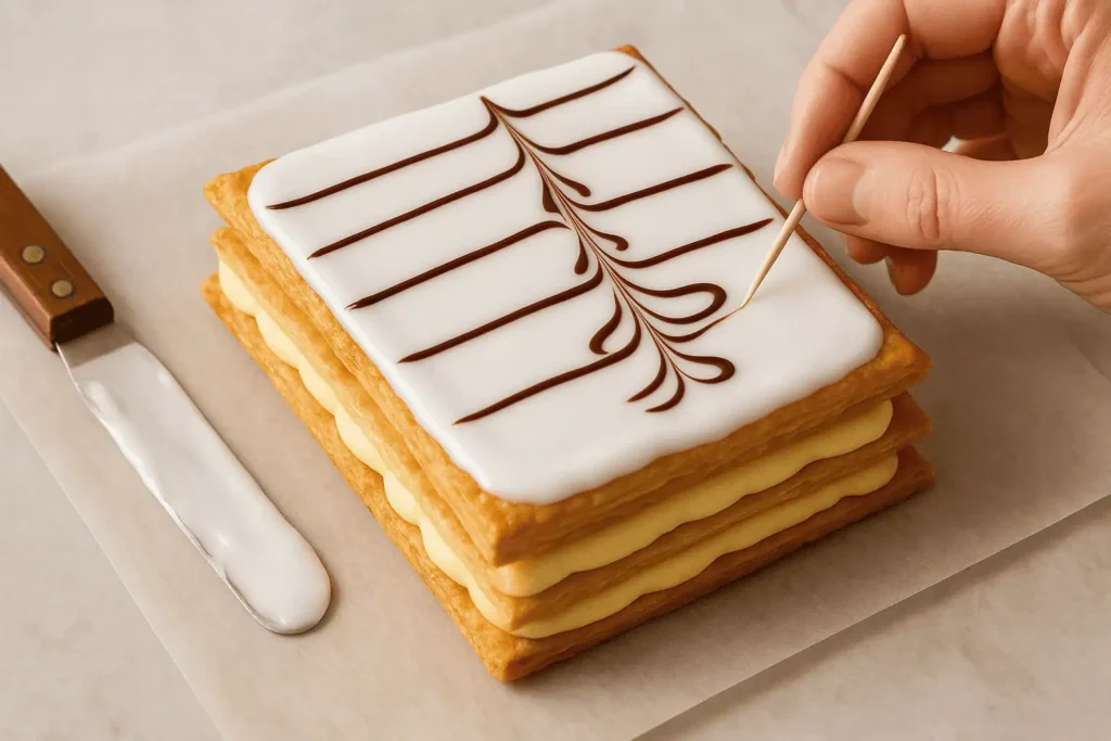 Mix powdered sugar with milk to make a thick glaze. Spread over top layer. Drizzle melted chocolate and drag a toothpick through to create marbling. Chill 30 minutes to set.