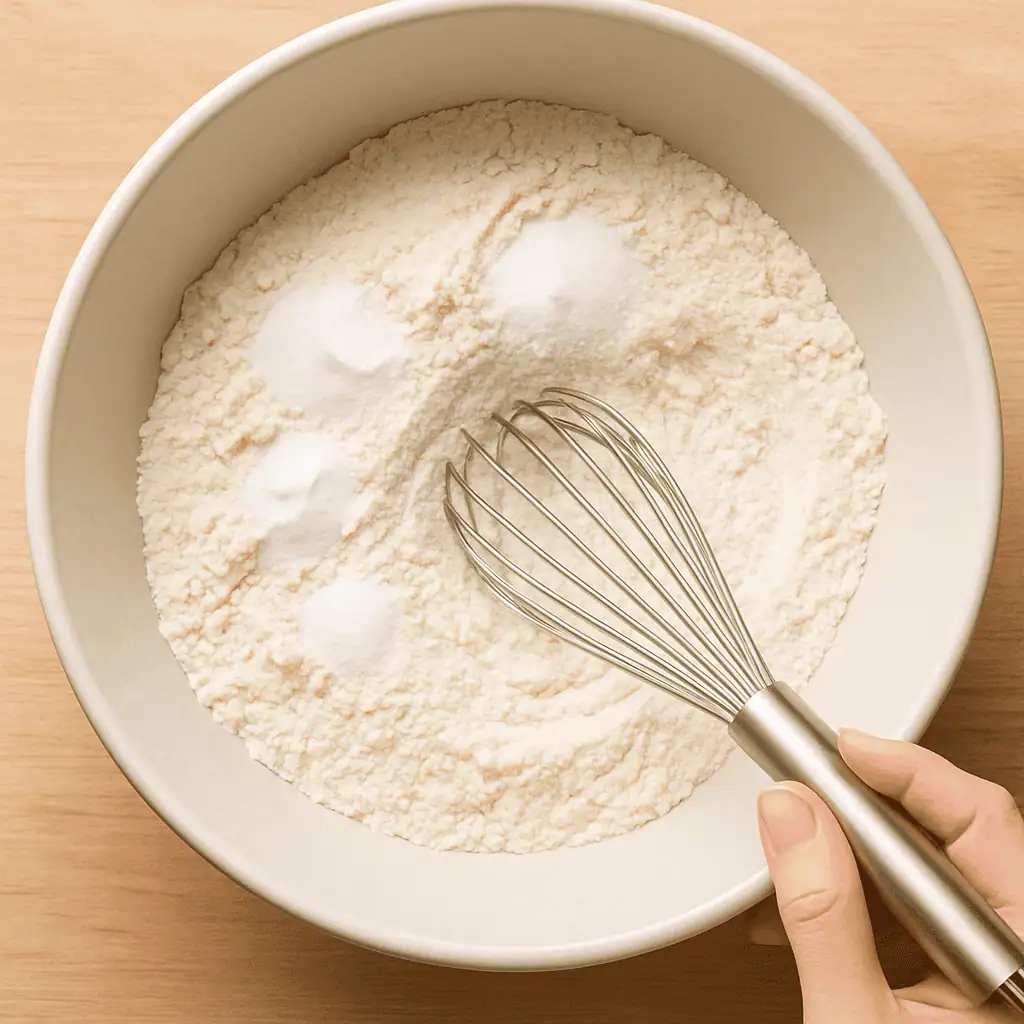 Mix dry ingredients. In a medium bowl, whisk flour, baking powder, baking soda, and salt.