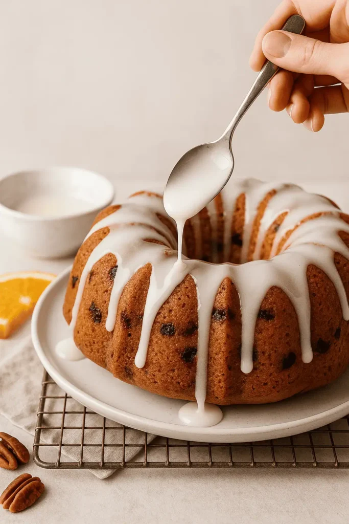 Glaze. Whisk powdered sugar and orange juice to make a pourable glaze. Drizzle over cooled cake.