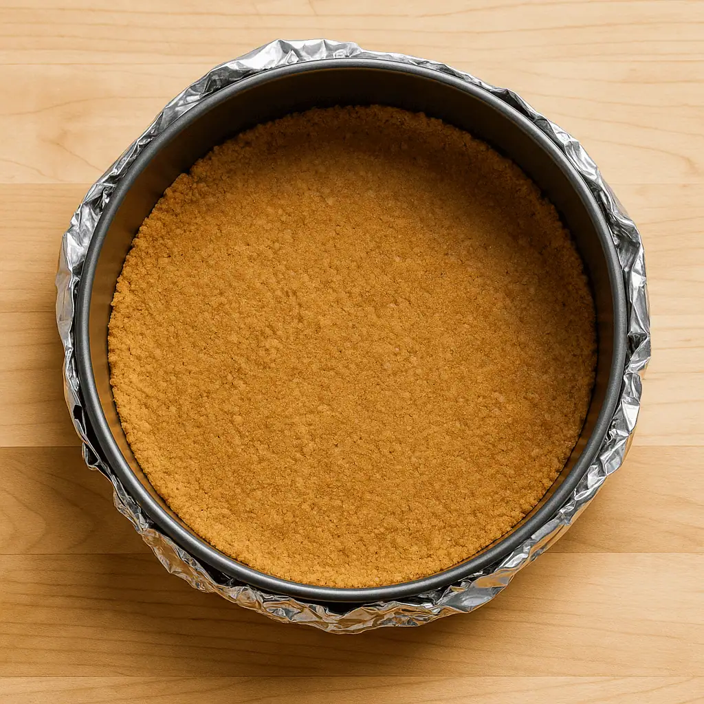 Preheat oven & prep pan.
Preheat to 325°F. Wrap a 9-inch springform pan in foil. Mix crust ingredients, press into bottom, and bake for 10 minutes. Cool.