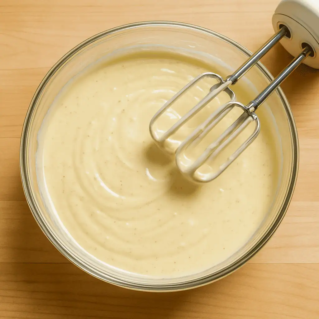 Make filling.
Beat cream cheese and sugar until smooth. Add eggs one at a time. Mix in eggnog, flour, nutmeg, and vanilla until just combined.