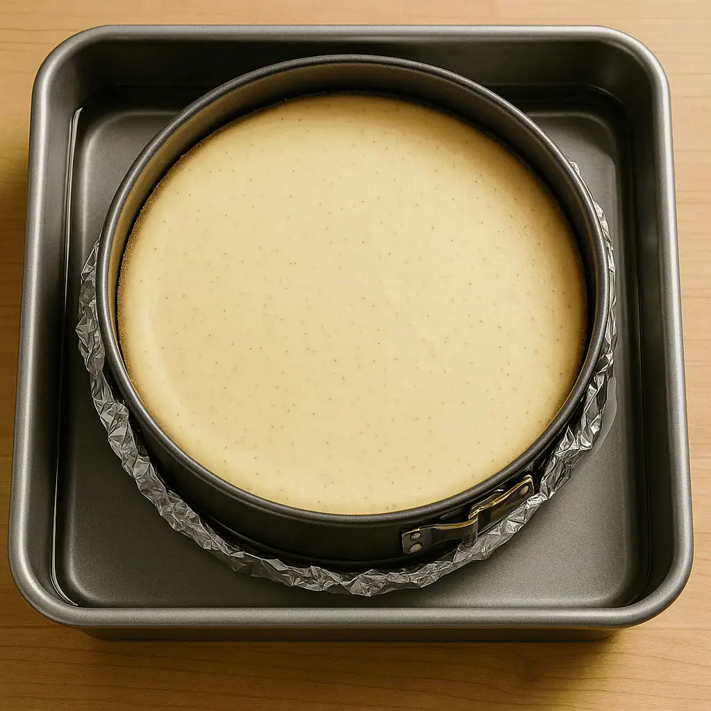 Bake cheesecake.
Pour filling over crust. Place pan in a larger pan and pour hot water halfway up sides. Bake 55–65 minutes, until center is set but slightly jiggly. Cool in oven with door cracked for 1 hour.