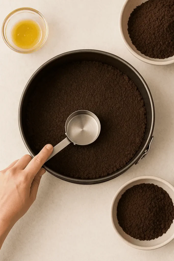 2️⃣ Mix cookie crumbs, melted butter, and salt. Press evenly into the bottom of the pan. Bake crust for 10 minutes, then let cool.