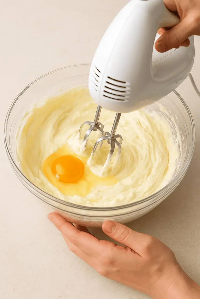 3️⃣ In a large bowl, beat cream cheese and sugar until smooth. Add eggs one at a time, mixing on low speed.
