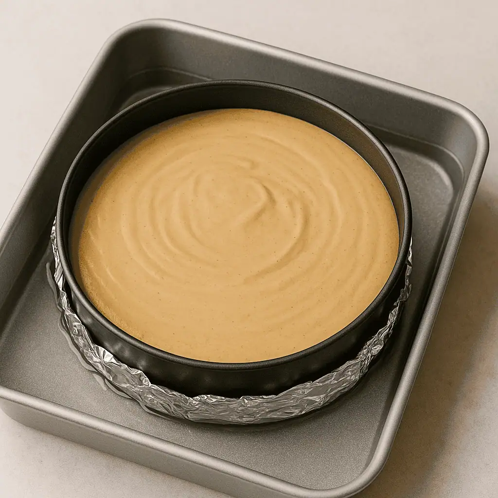 5️⃣ Pour filling over crust. Place pan in a larger roasting pan and pour hot water around it to make a water bath.