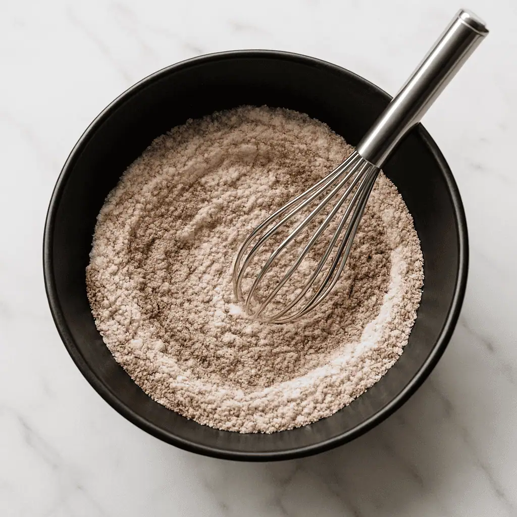 2️⃣ In a medium bowl, whisk together flour, cocoa powder, baking powder, baking soda, and salt.