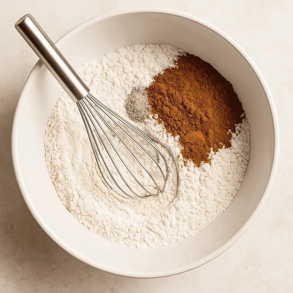 1. In a medium bowl, whisk together flour, baking soda, baking powder, spices, and salt. Set aside.