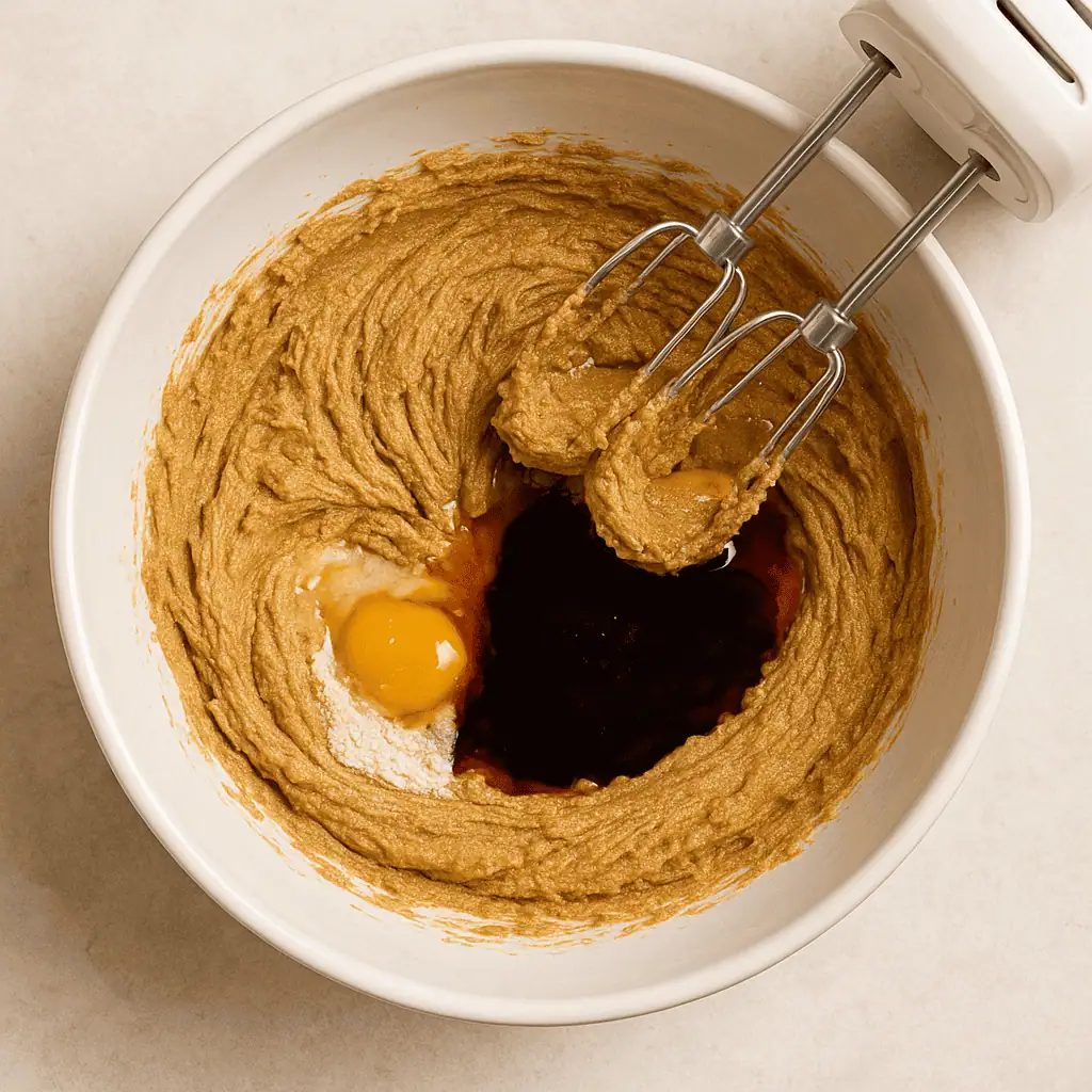 2. In a large bowl, beat butter and brown sugar until light and fluffy. Mix in the egg, then molasses and vanilla.