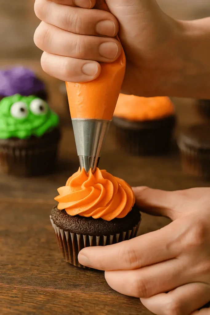 Pipe or generously spread frosting onto cooled cupcakes. Add candy eyeballs (the more, the sillier!), sprinkles, marshmallow “teeth,” licorice “hair,” or anything else that makes your monsters unique.