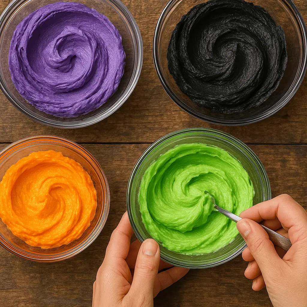 Divide frosting into 3 or 4 bowls. Tint each bowl with a different Halloween color: vibrant purple, slime green, pumpkin orange, or even black.