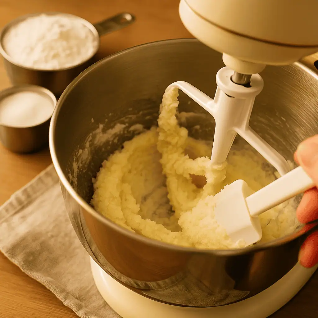 2️⃣ Beat in egg and vanilla extract until smooth.