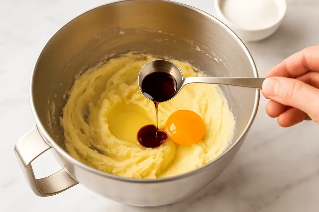 3️⃣ In a separate bowl, whisk together flour, baking powder, and salt. Gradually add to wet mixture, mixing on low until just combined.