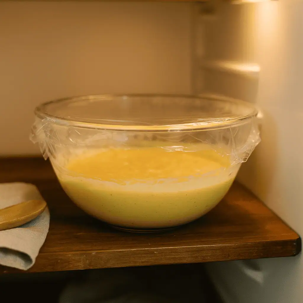4️⃣ Cover the batter and chill for at least 30 minutes (or up to overnight).
