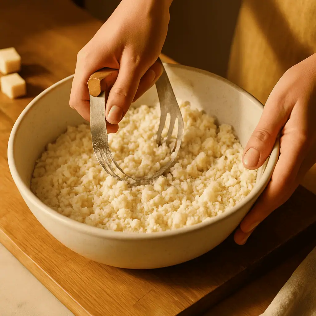 2️⃣ Make the crust: In a large bowl, whisk flour, salt, and sugar. Cut in butter with a pastry cutter or your fingers until coarse crumbs form. Stir in ice water, 1 tbsp at a time, just until dough comes together. Shape into a disk, wrap, and chill for 30 minutes.