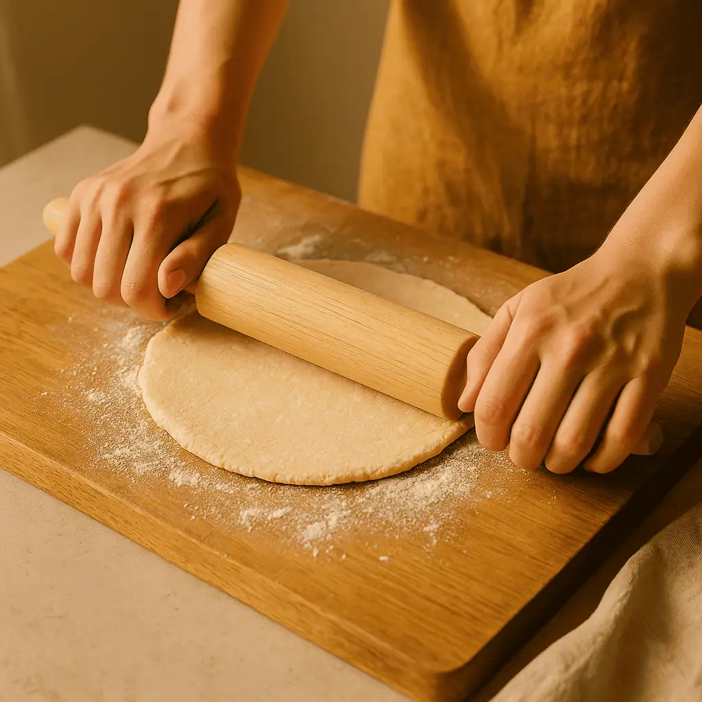 3️⃣ Roll out chilled dough on a floured surface and fit into a 9-inch pie dish. Trim & crimp edges.