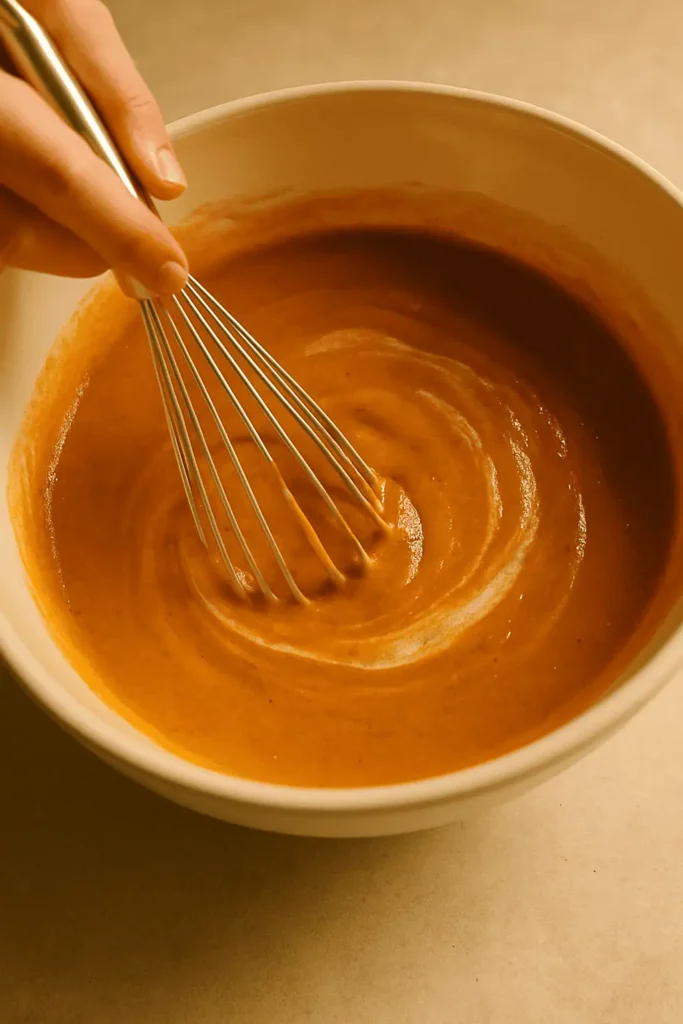 5️⃣ Make the filling: In a medium bowl, whisk pumpkin, brown sugar, eggs, evaporated milk, salt, and spices until smooth.