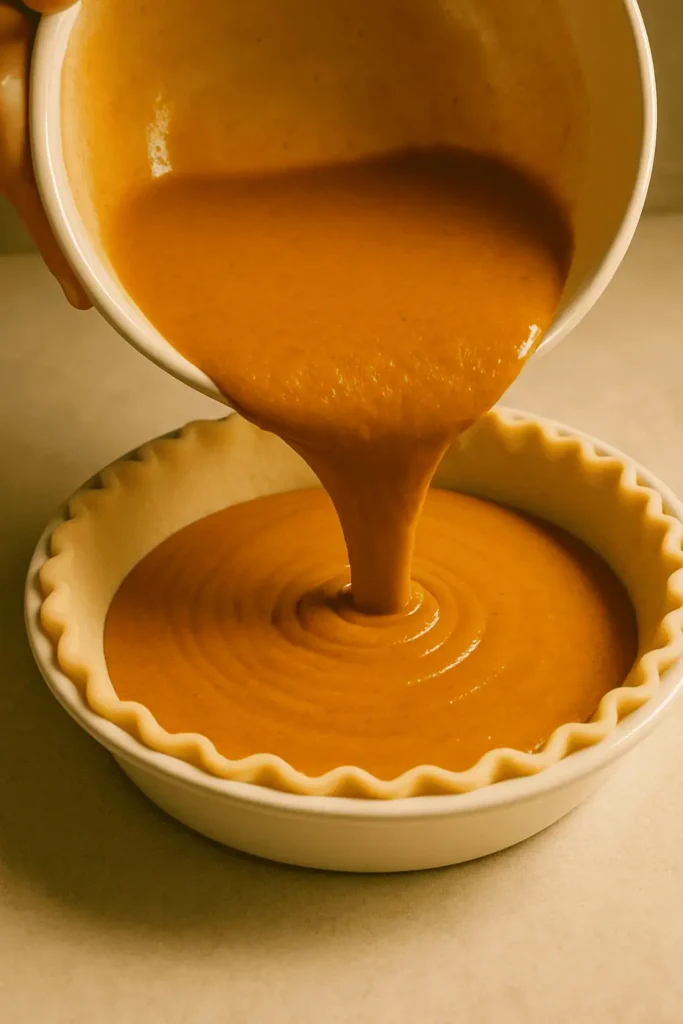 6️⃣ Pour filling into pre-baked crust and bake 45–55 minutes, until filling is just set but still slightly wobbly in the center.