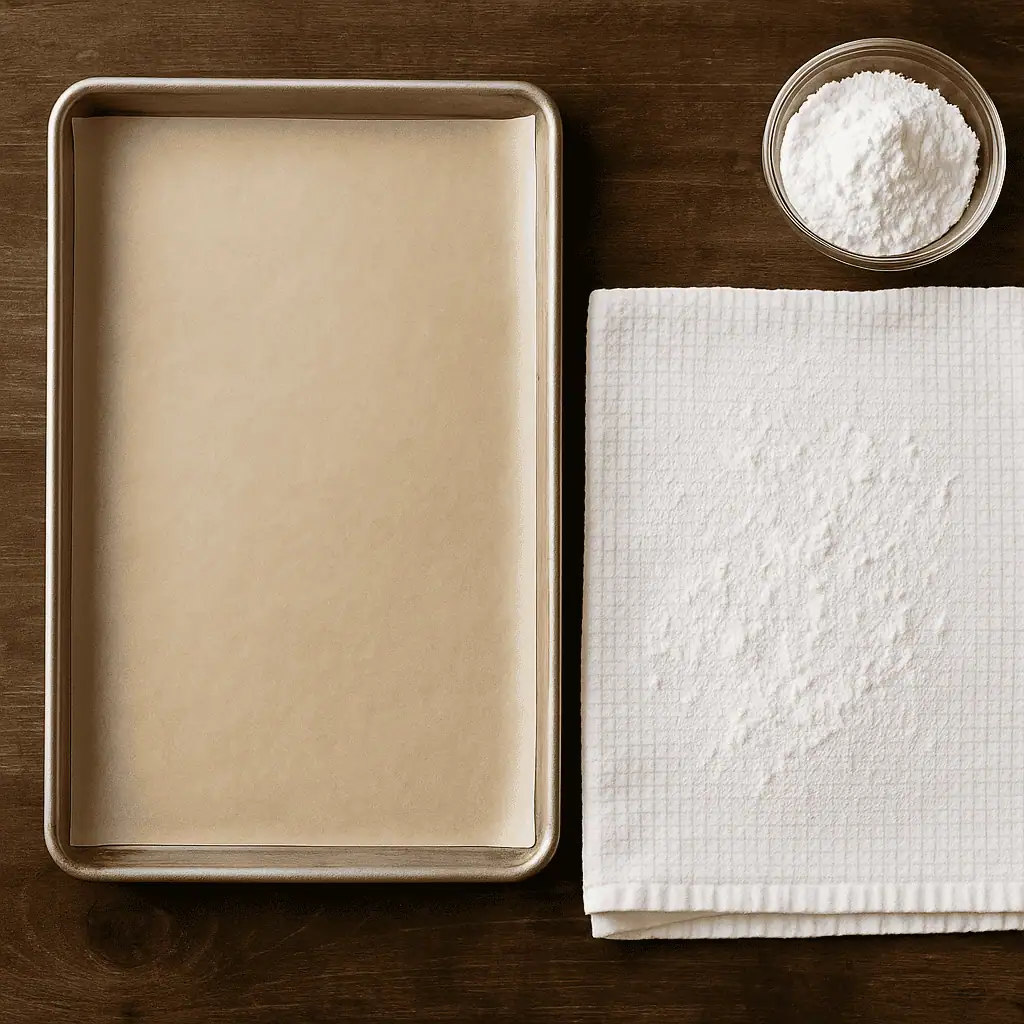 Preheat to 350°F. Line a 10x15-inch jelly roll pan with parchment paper and lightly grease it. Lay out a clean kitchen towel and dust it generously with powdered sugar.