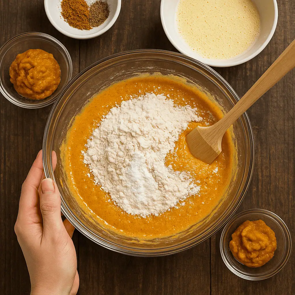Make the pumpkin sponge:
In a bowl, whisk together flour, baking powder, baking soda, salt, cinnamon, nutmeg, and ginger.
In a separate bowl, beat eggs and sugar until thick and pale. Beat in pumpkin puree. Gently fold in dry ingredients just until combined.