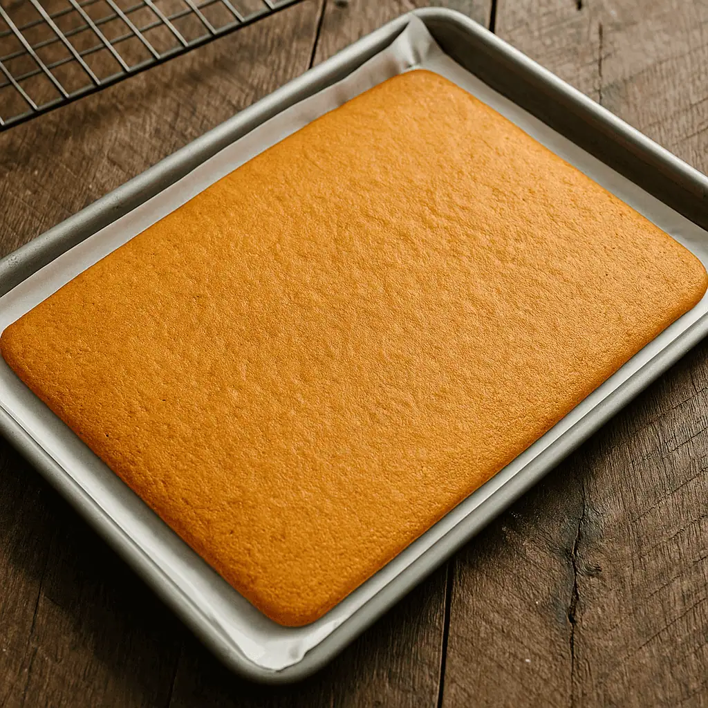 Bake:
Pour batter into prepared pan and smooth evenly. Bake 12–14 minutes, until the cake springs back when lightly touched.