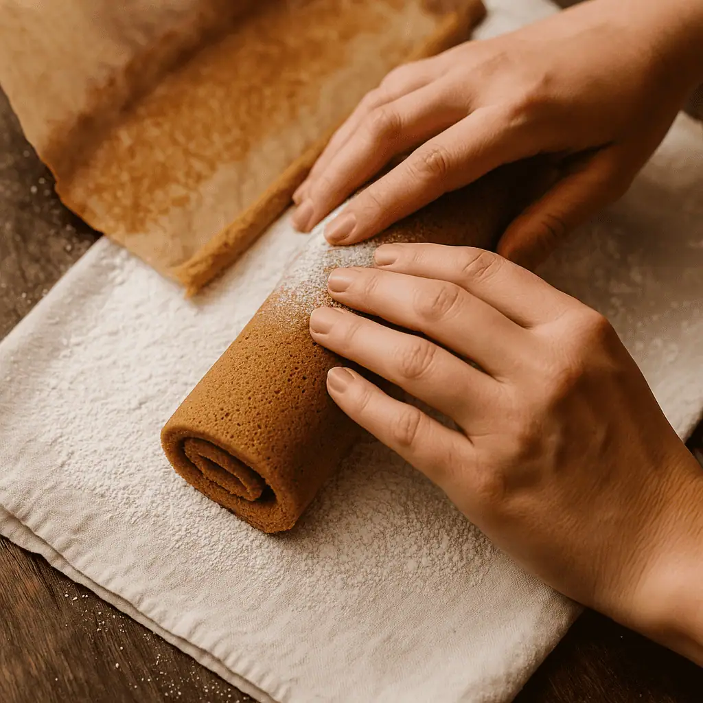 Roll it up:
Immediately invert warm cake onto the sugared towel. Peel off parchment. Starting at the short end, roll the cake up with the towel inside. Cool completely.