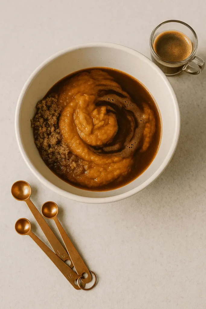 Wet Mix: In another bowl, whisk sugars, oil, eggs, pumpkin puree, espresso, and vanilla until smooth.