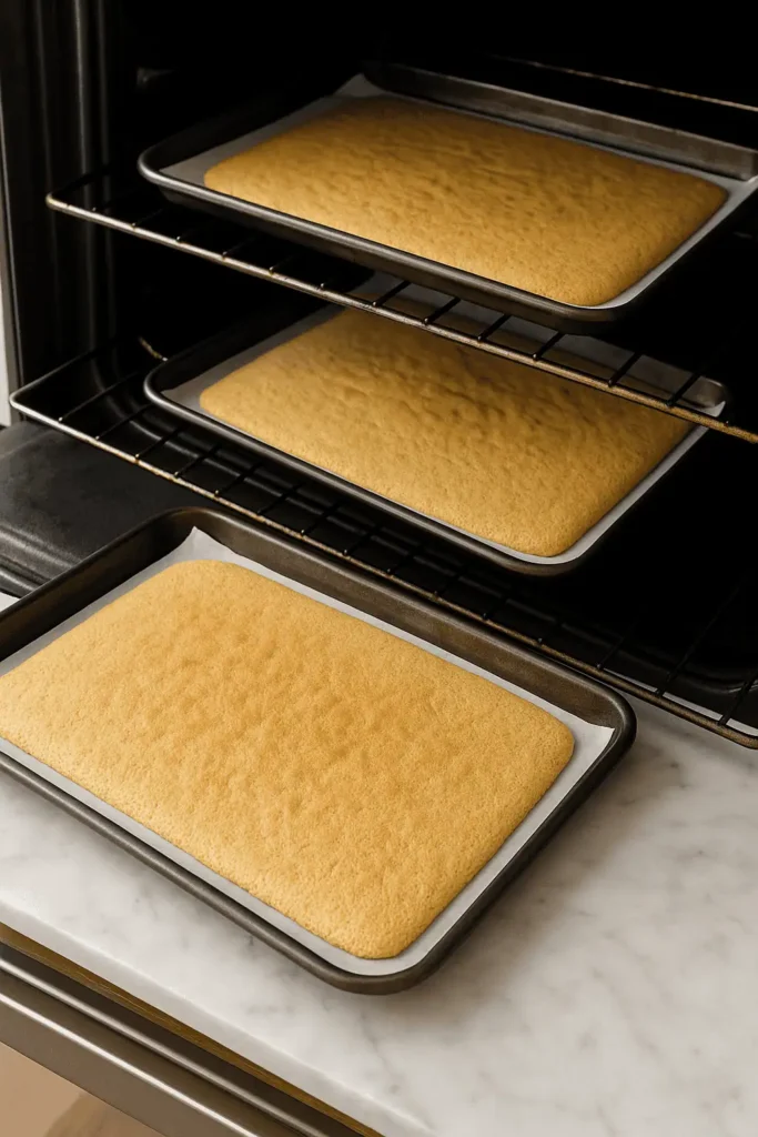 Preheat oven to 425Β°F (220Β°C). Line 3 jelly roll pans (or bake in batches) with parchment. Whip eggs, almond flour, and powdered sugar until thick and pale. In another bowl, whip egg whites and granulated sugar to soft peaks. Gently fold into almond mixture. Fold in melted butter. Spread evenly and bake 6β8 minutes per sheet. Cool.