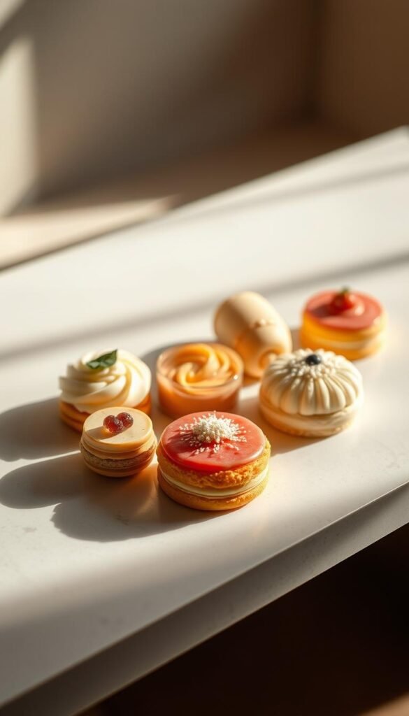 A beautifully crafted array of delicate pastries, artfully arranged on a sleek, minimalist surface. Soft, warm lighting casts gentle shadows, accentuating the intricate textures and vibrant colors of the confections. The camera angles capture the pastries from a low perspective, drawing the viewer's eye upwards towards the elegant display. The overall composition exudes a sense of refined sophistication, inviting the audience to appreciate the careful craftsmanship and attention to detail inherent in these delectable creations.